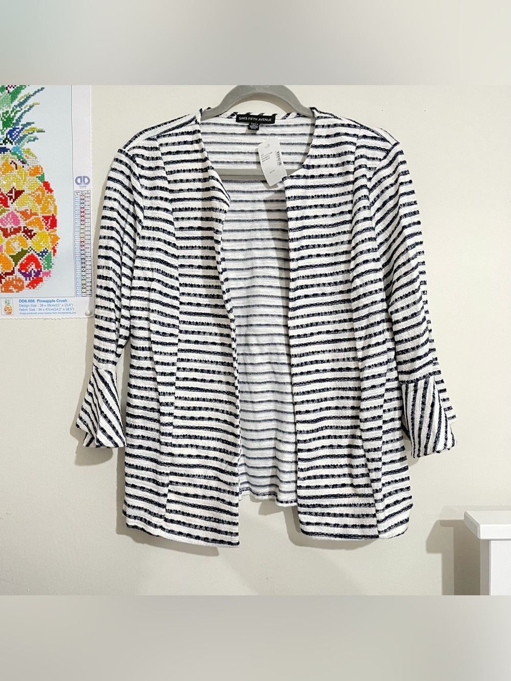 Saks Fifth Avenue White & Black Striped Open Front Lightweight Jacket